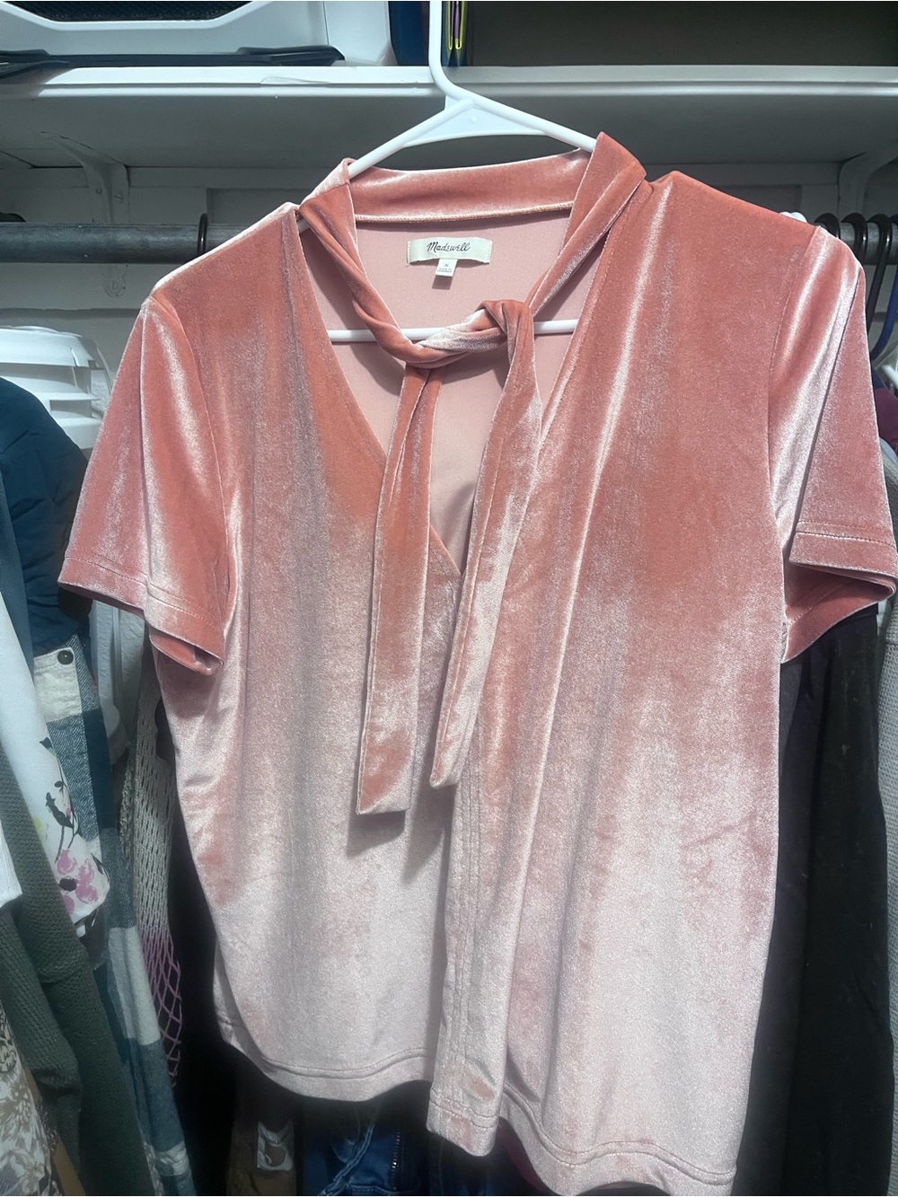 Madewell peachy Blush Velvet Tie-Neck Short Sleeve Top